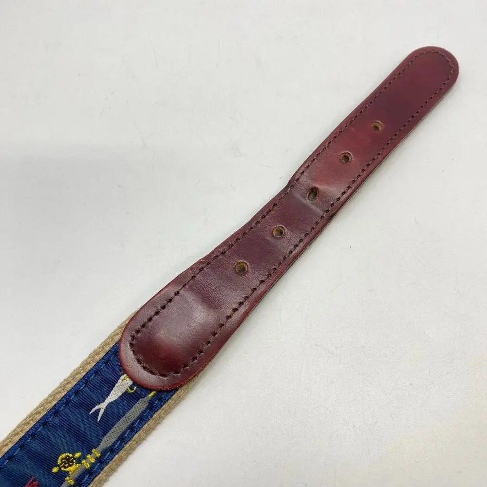 Vintage Fin Heads Mens 40 Leather Golf Belt Fishing Lure Embroidery Brass Buckle